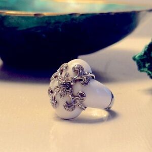 Dallas Prince White Agate 925 Sterling Silver Fleur De Lis Ring 7.5